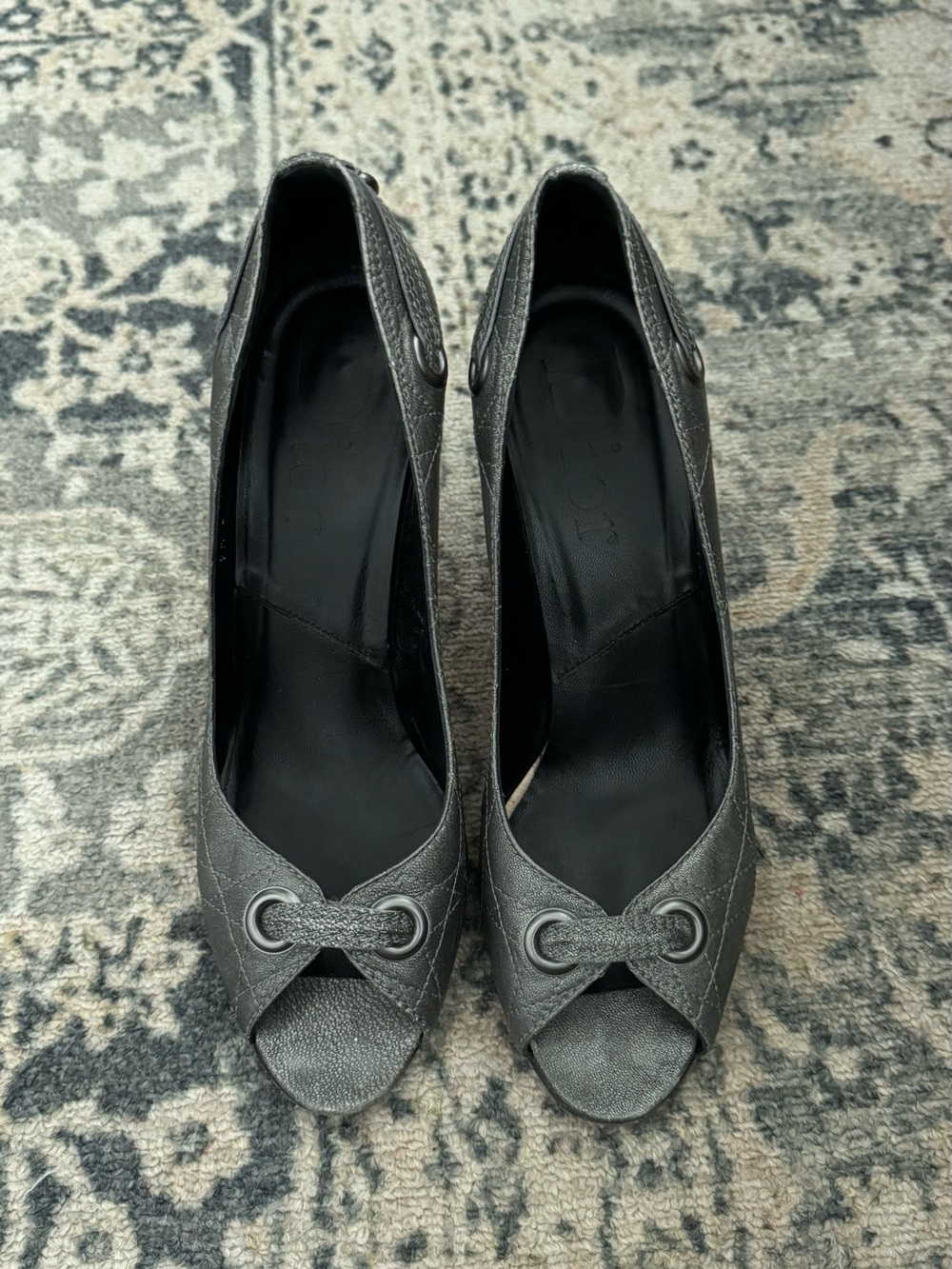 Women’s vintage Dior Metallic Gray Peep-Toe Pumps